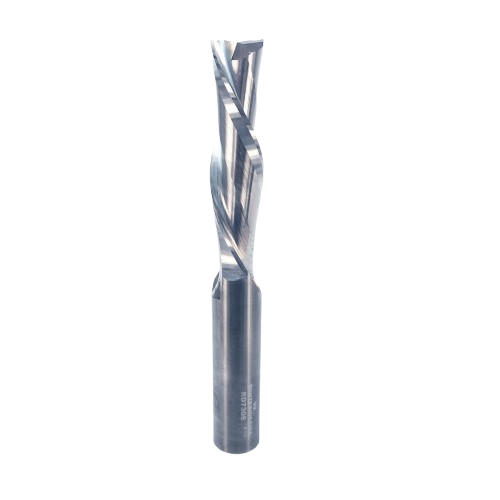 Close-up of a metallic spiral downcut bit for power tool accessories in home improvement and drill bits collection
