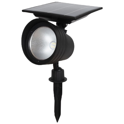 Black solar spotlight with adjustable head and stake for outdoor home improvement lighting solutions