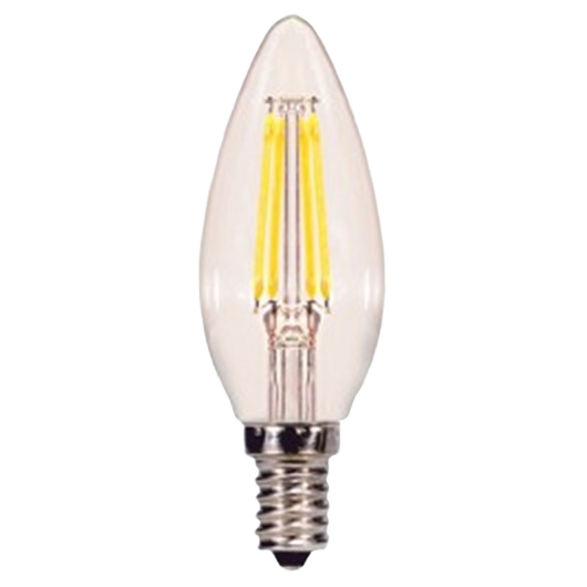 Clear LED filament bulb with candelabra base, energy-efficient lighting for home improvement and ceiling fan fixtures.