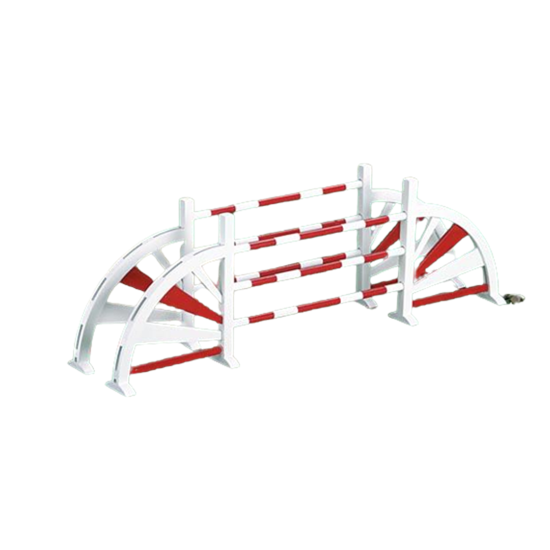 Model horse show-jumping oxer with white and red striped poles and arched side supports for equestrian display