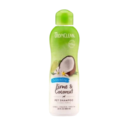 Plastic bottle of TropiClean pet shampoo with lime and coconut design on the label against a white background