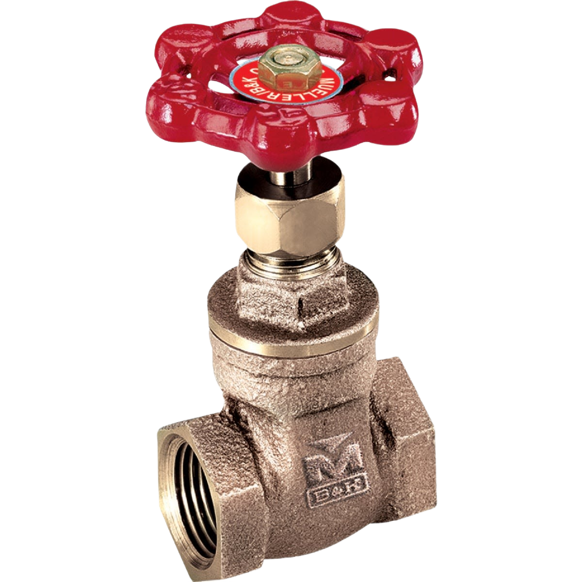 Bronze gate valve with red handwheel and threaded connections for tools and home improvement projects