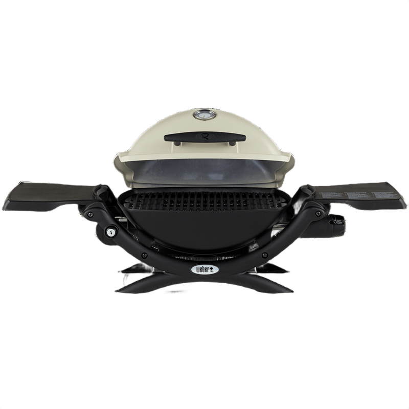 Compact titanium propane grill with fold-out shelves and integrated thermometer for efficient outdoor cooking and home improvement tasks