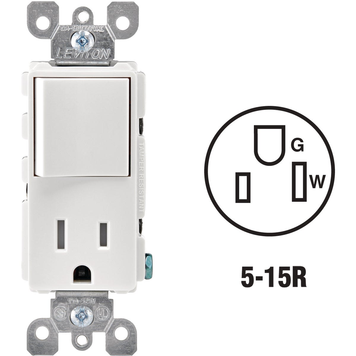 White combination switch and tamper-resistant outlet with grounding for electrical boxes and home improvement use