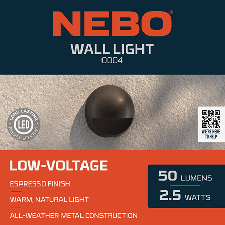 Espresso-finish low-voltage LED wall light with warm 50-lumen output for outdoor use in home improvement collections