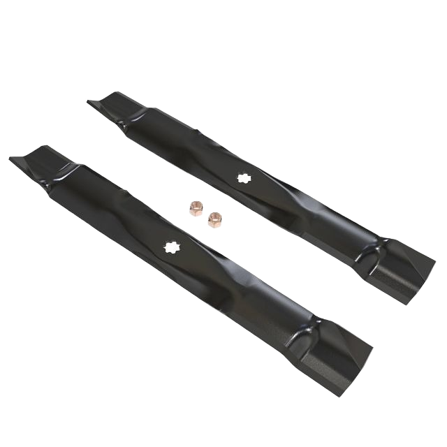 Two black steel mulching blades with star-shaped mounting holes and included hardware for lawn mower maintenance tasks