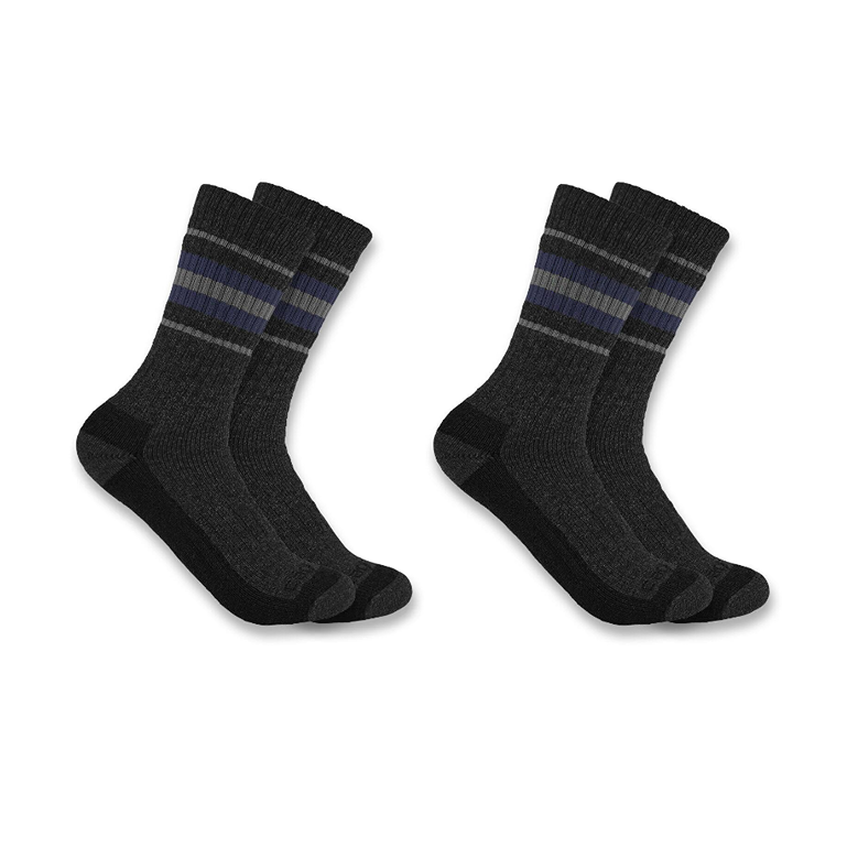 Two pairs of women's black crew socks with blue and gray stripes in clothing and accessories collection