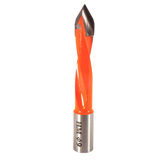 Carbide-tipped left-handed dowel drill bit with orange spiral shank for precision woodworking in power tool accessories under $100