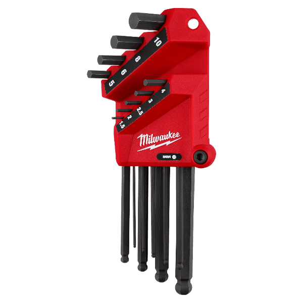 Metric ball end L-key set with red holder, black hex keys in various sizes for tools and home improvement use