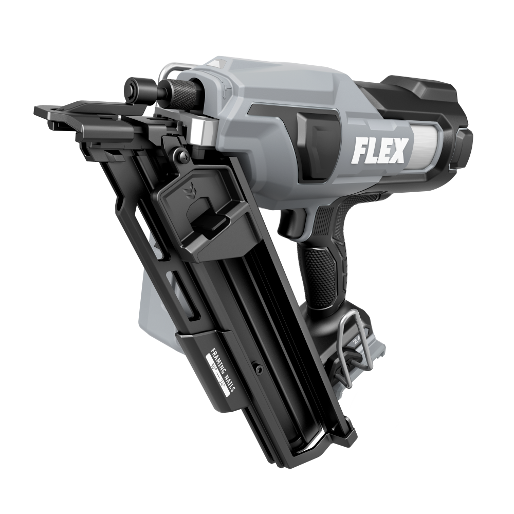 Cordless 24V FLEX framing nailer in gray and black with angled magazine, ergonomic grip, part of Power Tools and Nailers for home improvement at Hartville Hardware.