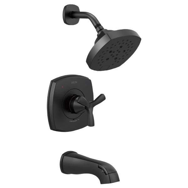 Matte black tub and shower trim set with round showerhead and single lever handle for home improvement projects