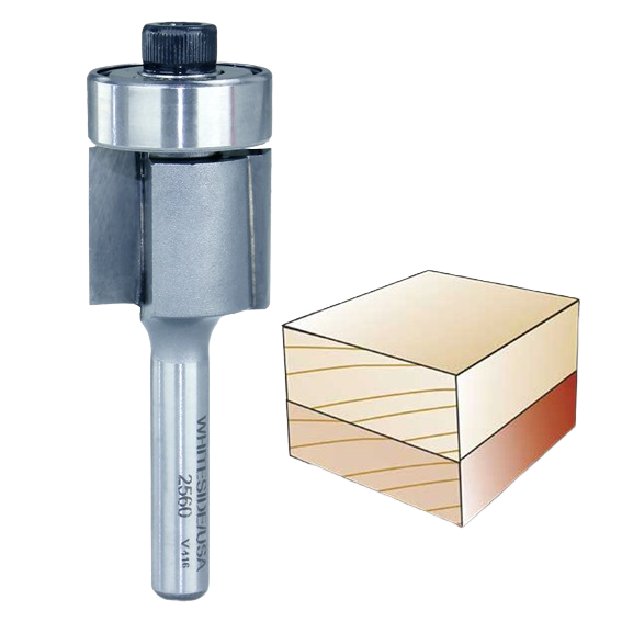Downshear flush trim router bit with bearing for smooth trimming in woodworking and power tool accessories collections