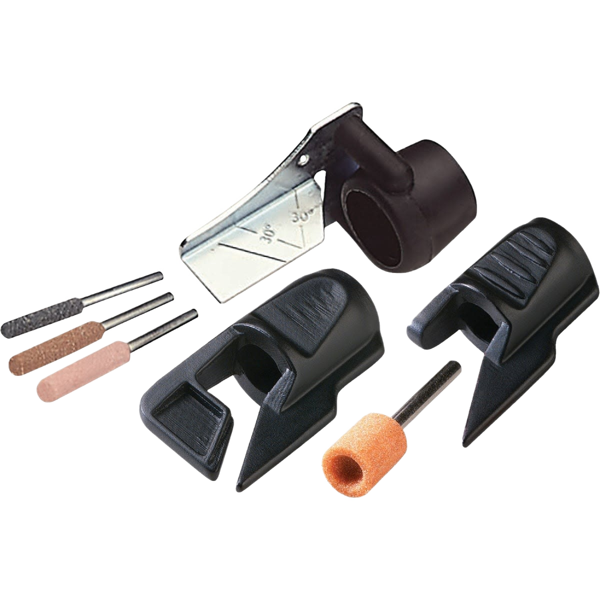 Set of sharpening attachments with guides and grinding stones for rotary tool maintenance in power tool accessories collection