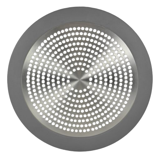 Circular brushed nickel shower strainer with perforated design for plumbing parts and home improvement projects