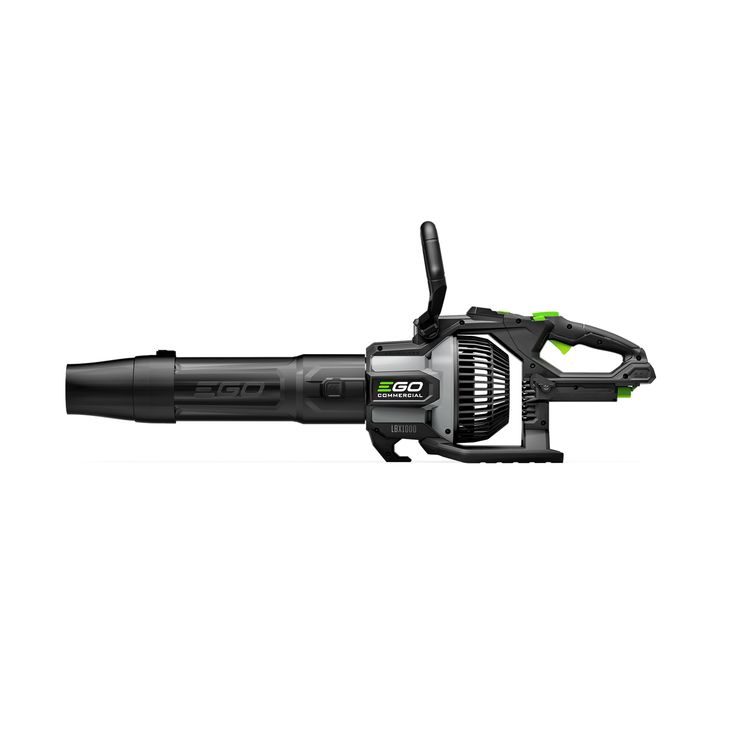 Black and green cordless handheld blower with ergonomic grip and control features for outdoor home improvement tasks