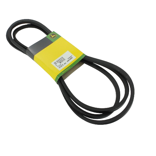 Black rubber drive belt with yellow and green branded packaging for outdoor power equipment maintenance.