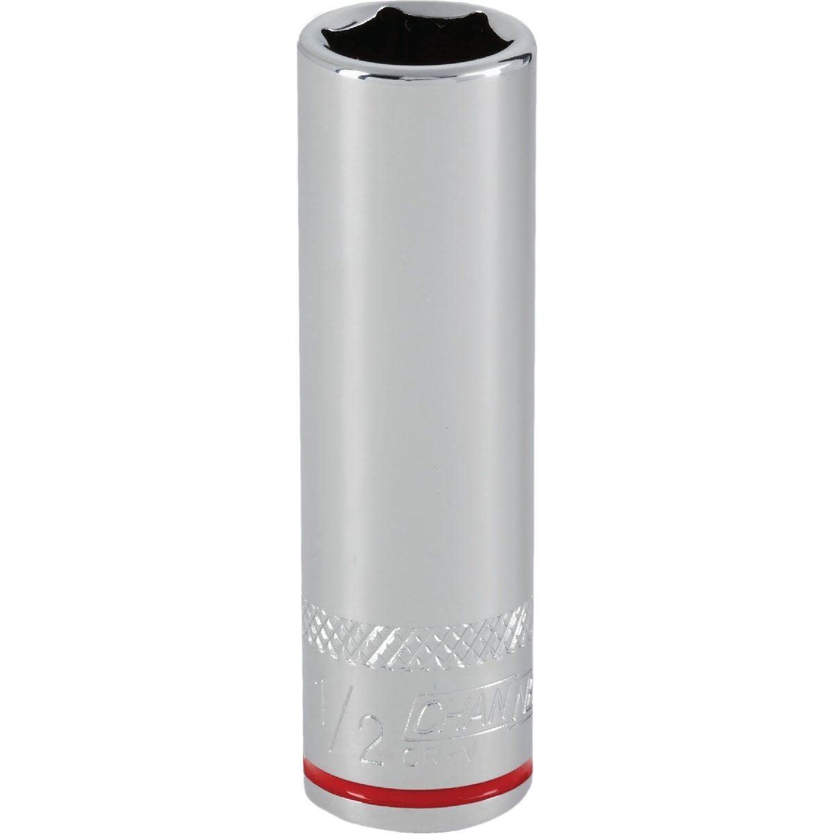 Deep 6-point socket with textured grip and colored band, suitable for woodworking tools and home improvement projects
