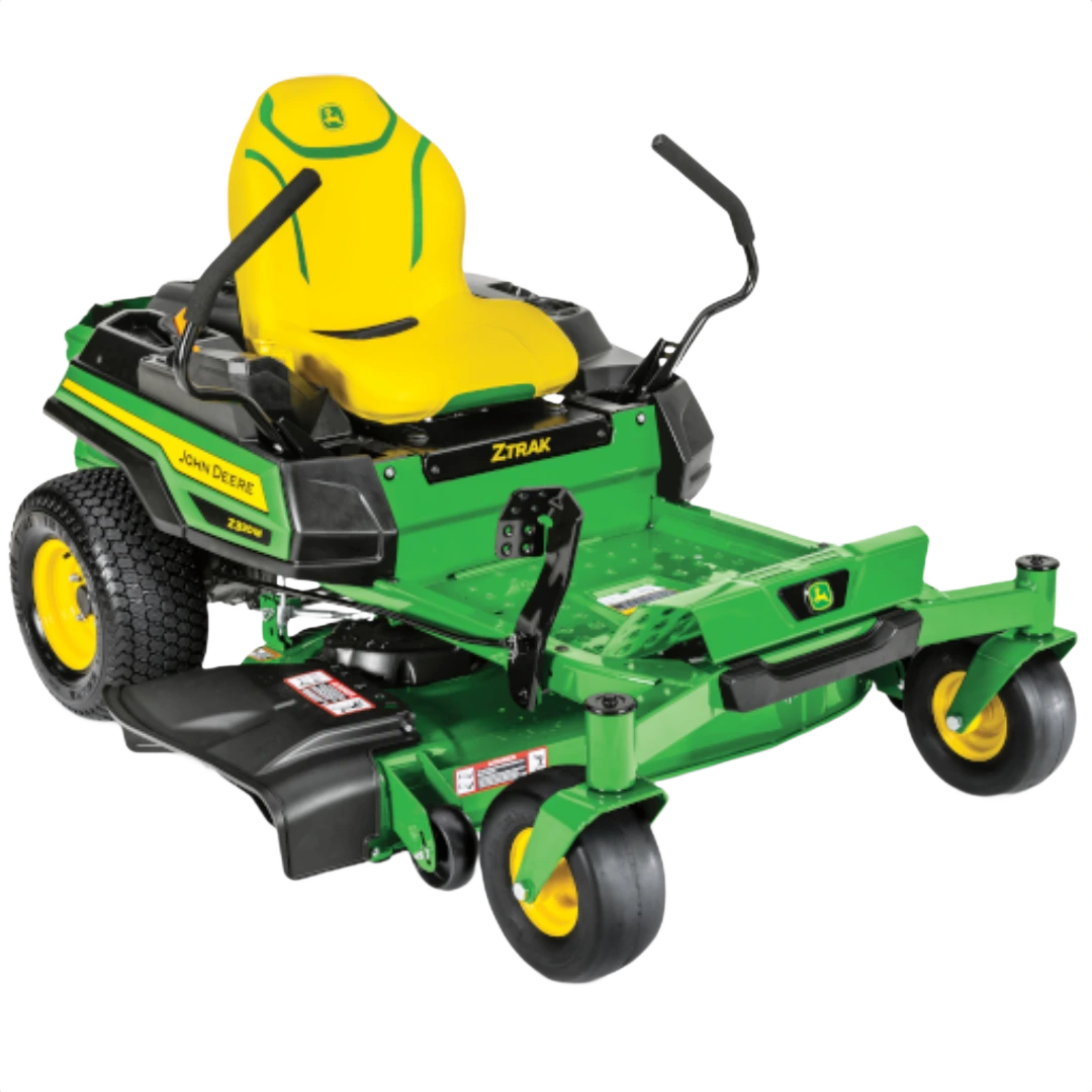 Green and yellow zero-turn mower with ergonomic controls and 42-inch cutting deck for home improvement tasks