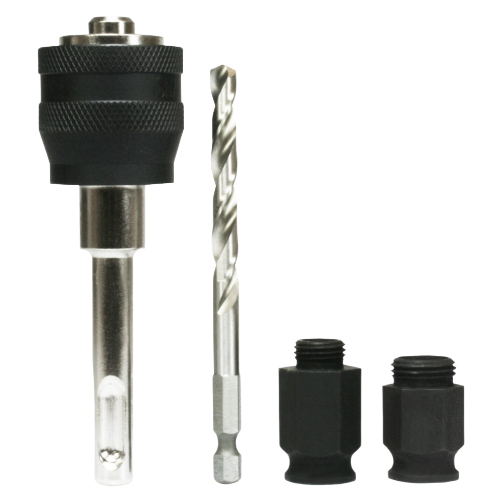 Set of metal drill bit and adapters with quick-lock mandrel system for woodworking tools and home improvement projects under 50 dollars