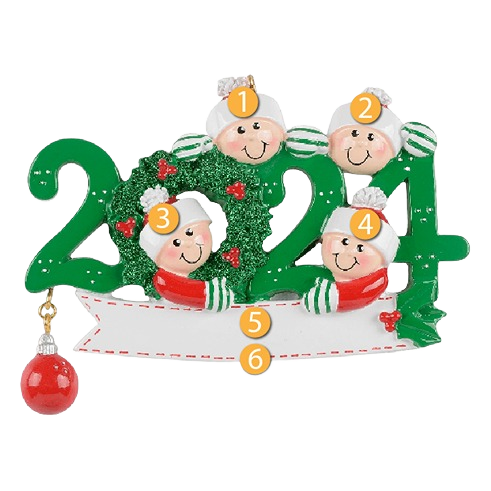 Green and red 2024 Christmas ornament with four smiling characters inside holiday wreath and blank banner under $50
