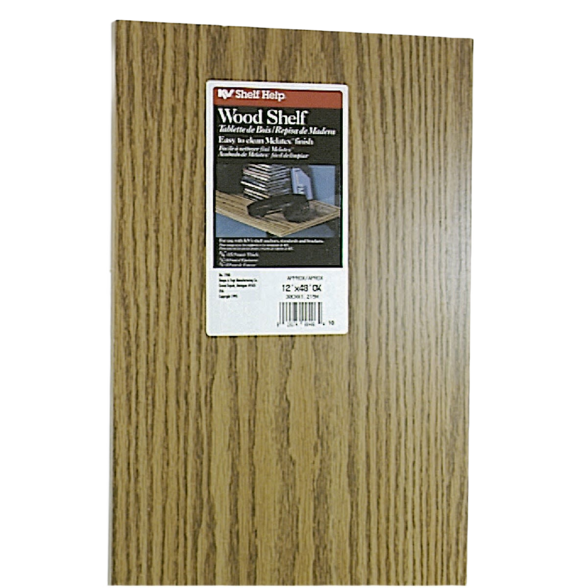 Oak-finished wood shelving panel with natural grain texture for versatile home improvement projects and shelving solutions
