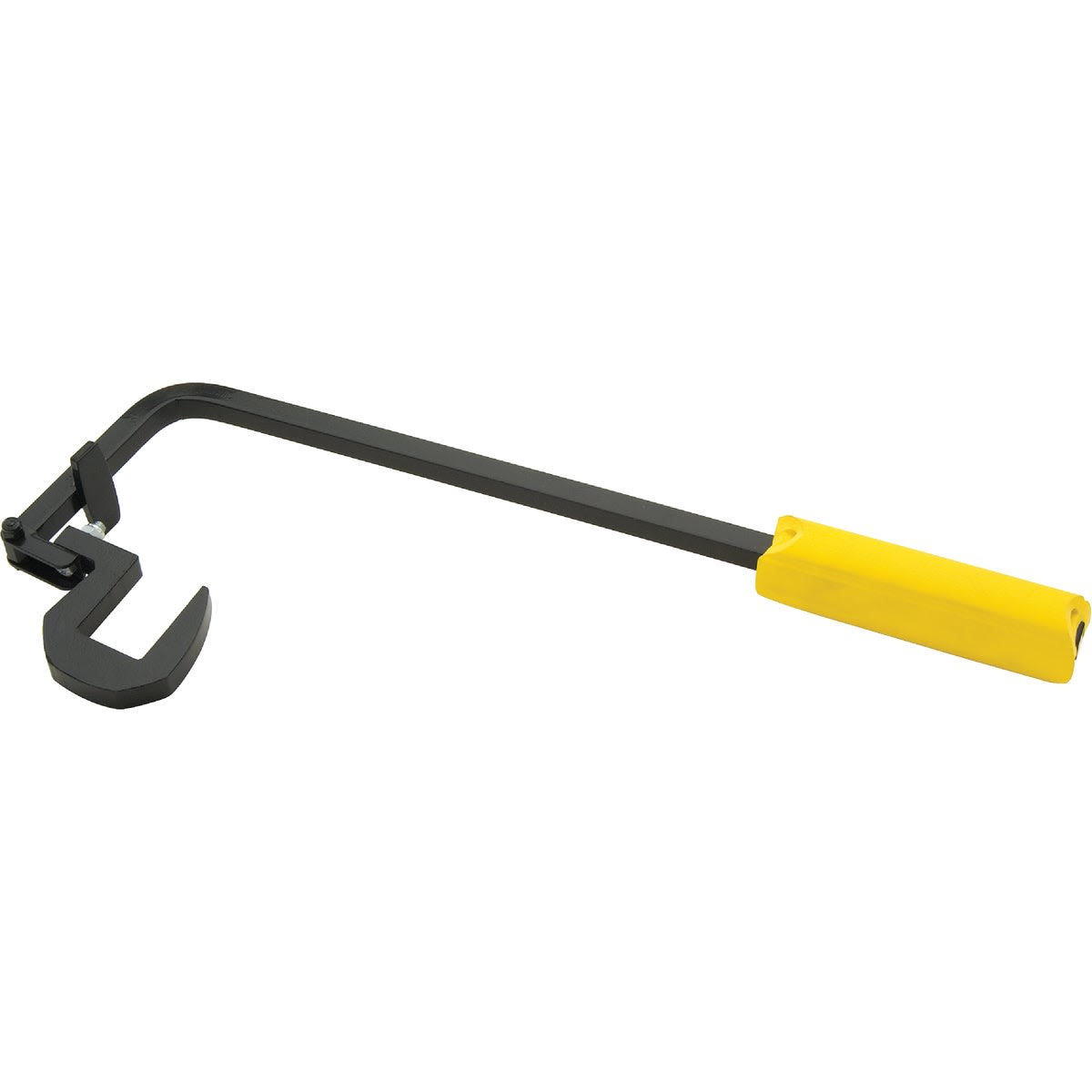 Metal board bending tool with an angled hook head and yellow grip handle for home improvement tasks