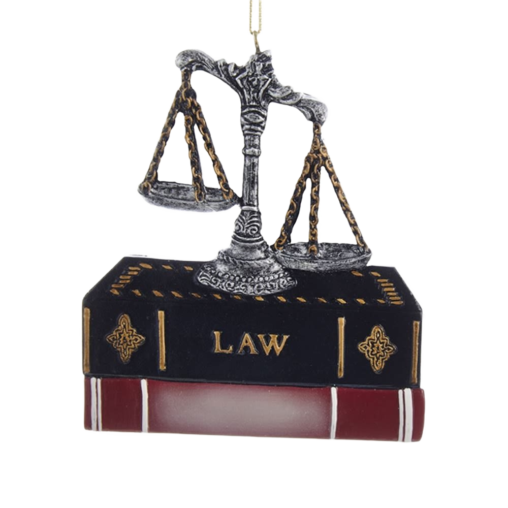 Personalized lawyer ornament featuring decorative scales of justice on stacked law books for Christmas tree decor under 50 dollars