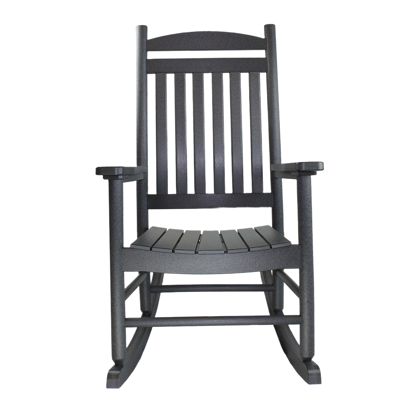 Sturdy smoke gray porch rocking chair with slatted seat and backrest designed for outdoor comfort and home improvement projects