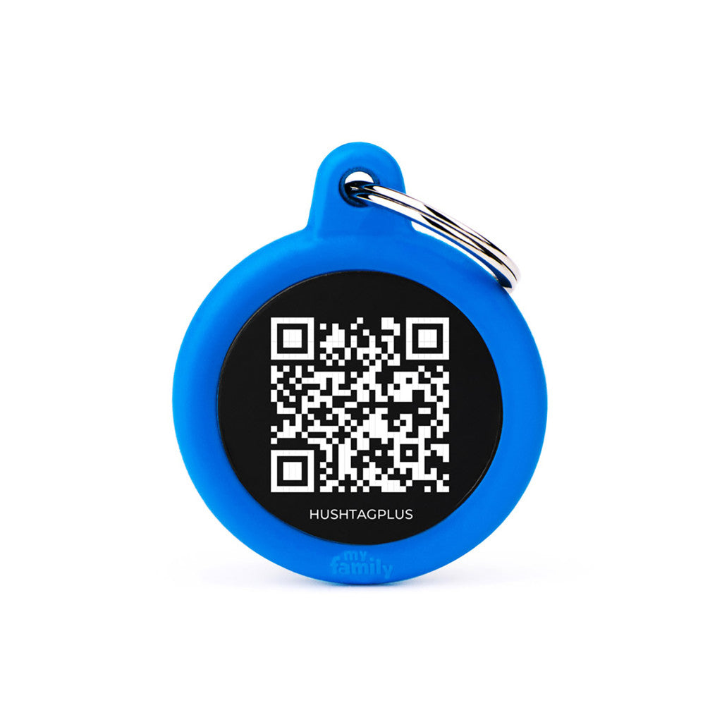 MyFamily Hushtag Plus QR Code Black Aluminum Circle Pet Tag with Blue Rubber