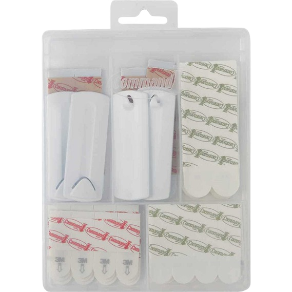 Assorted white adhesive hooks and strips set in clear plastic organizer for home improvement and fasteners under $50 collection