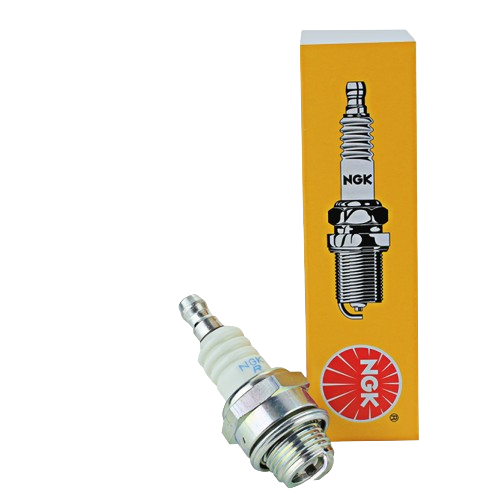 Silver and white spark plug with yellow NGK packaging for automotive and home improvement tools use
