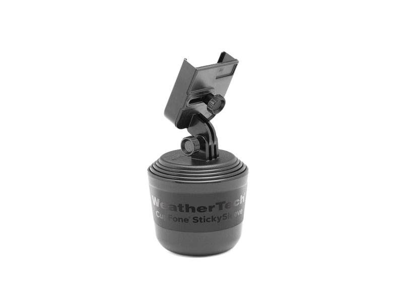 Compact black device holder with adjustable mount designed for cup holders in vehicles for hands-free use