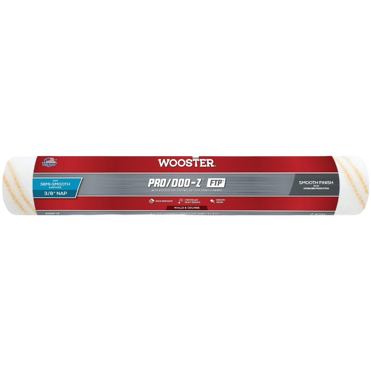 White woven fabric paint roller cover with semi-smooth 3/8 inch nap for walls and ceilings in home improvement.