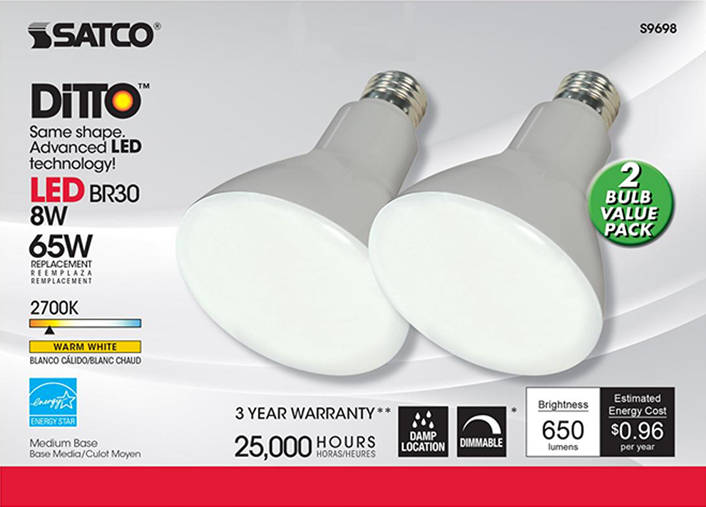 Pair of Satco Ditto 8W BR30 LED light bulbs with medium base, warm white 2700K, energy-efficient lighting under $50 collection