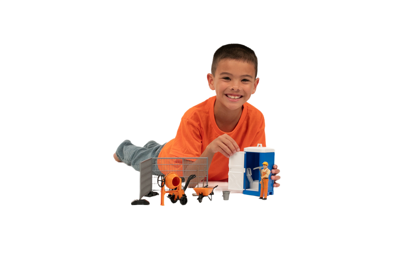Child playing with Bruder 62008 Bworld Construction Set including cement mixer, fencing, tools, and worker figure