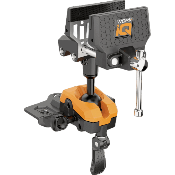 360-degree articulating bench vise with robust clamp and textured jaws, part of woodworking tool accessories collection
