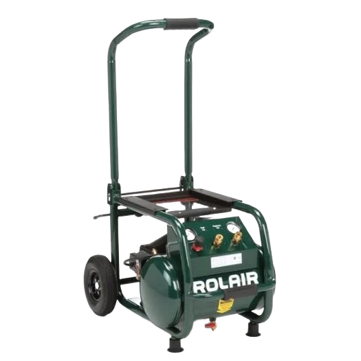 Rolair 2.5 HP 5.3 Gal Wheeled Compressor in green with handle and gauges for home improvement tools use