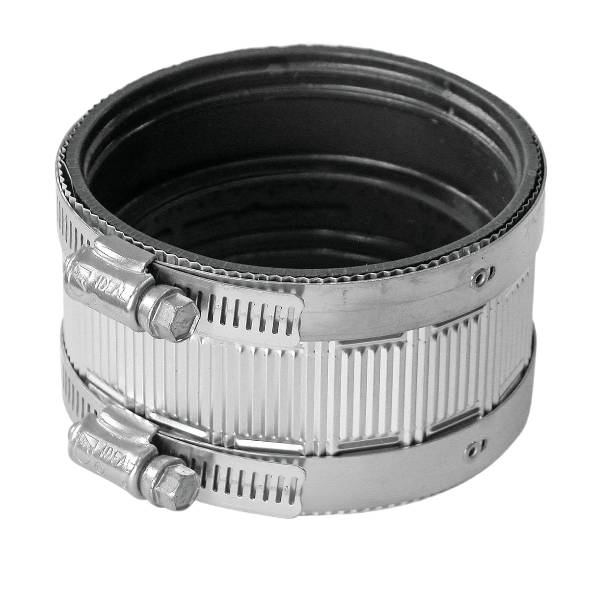 Black neoprene plumbing coupling with stainless steel clamps for leak-resistant pipe connections in plumbing accessories collections