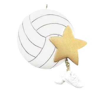 White volleyball ornament with gold star and dangling shoes for Christmas tree decorations under $50 collection