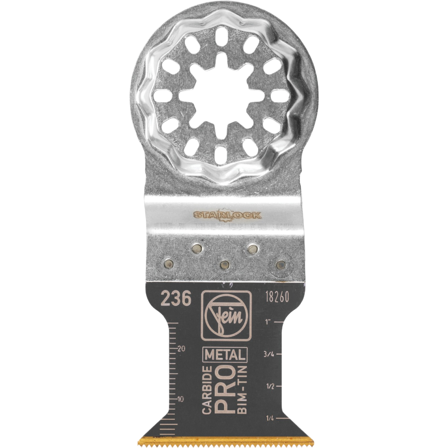 TiN coated carbide oscillating saw blade with star-shaped mounting system, designed for plunge cutting metal in woodworking and power tool accessories at Hartville Hardware.