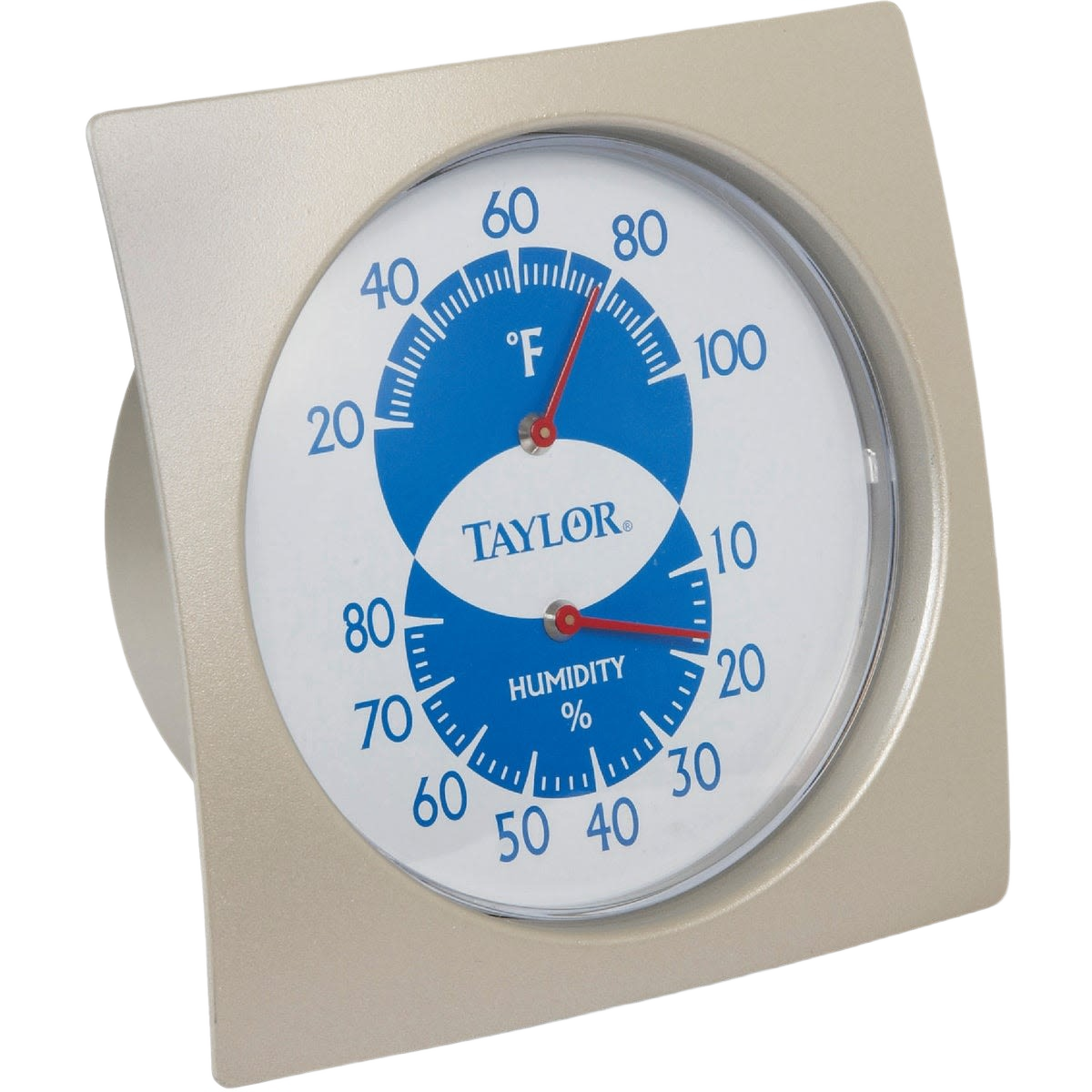 Compact analog indoor hygrometer and thermometer with beige frame and blue Fahrenheit and humidity dials for home use
