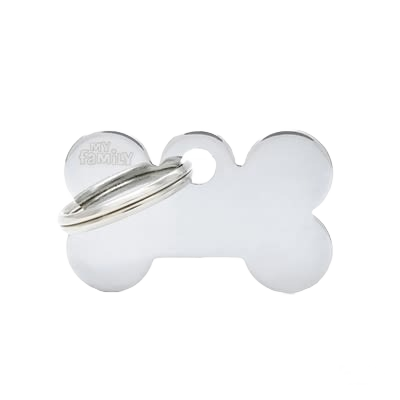 Small chrome brass dog bone-shaped ID tag with attached split rings for pet identification purposes