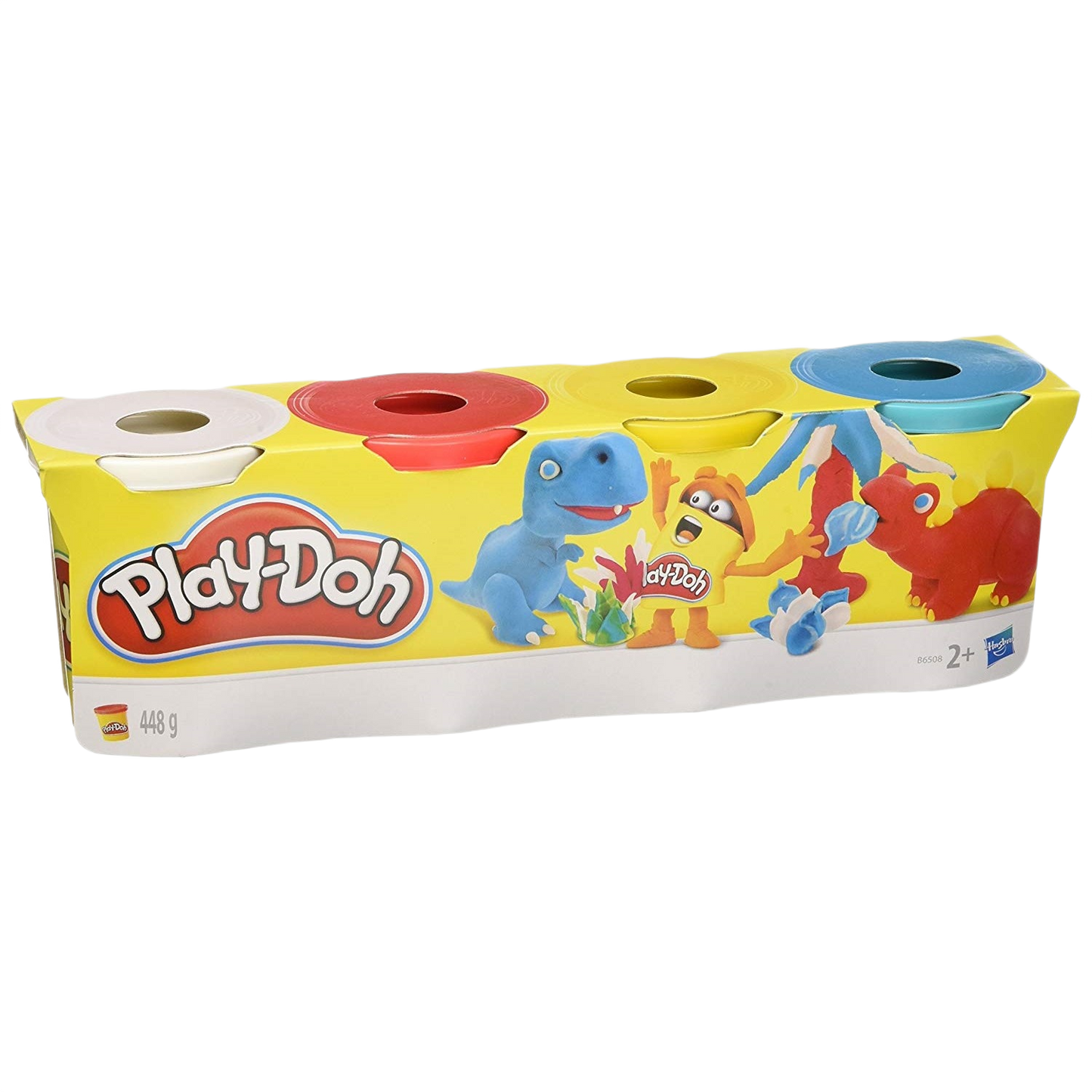 Pack of four colorful modeling compound containers with playful dinosaur-themed packaging design