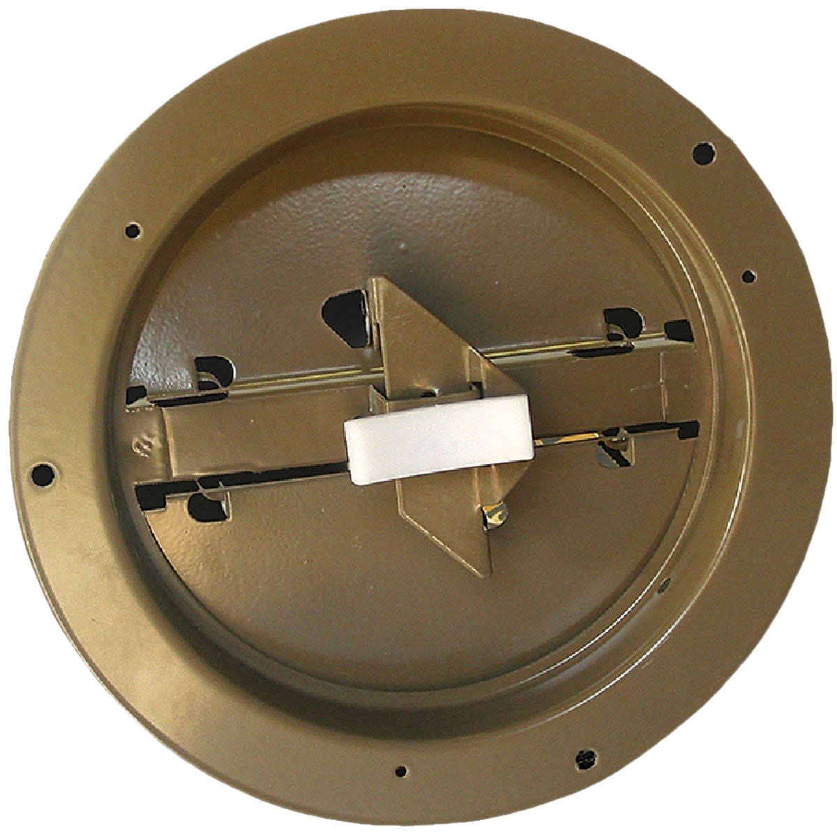 Brown metal round ceiling damper with adjustable butterfly valve for airflow control in plumbing and home improvement collections
