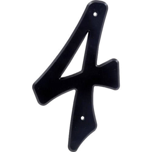Black plastic house number 4 with pre-drilled holes for nail-on installation in home improvement projects