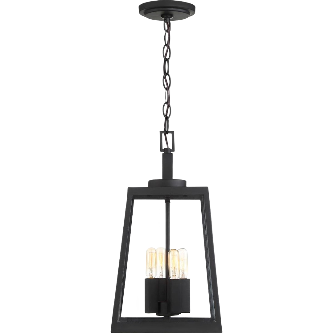 Matte black 4-light hanging lantern with clear glass panels for outdoor lighting in lawn and garden collections