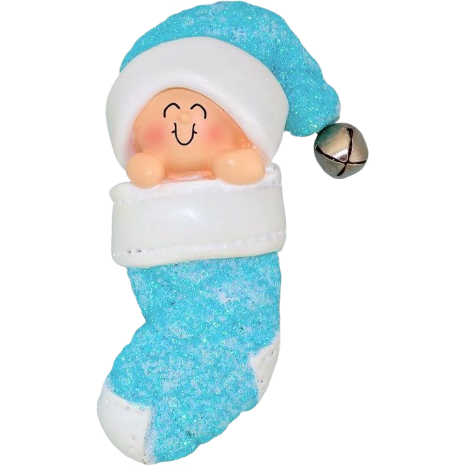 Smiling baby figure nestled in glittery blue stocking with silver bell for Christmas Ornaments & Tree Decorations collection