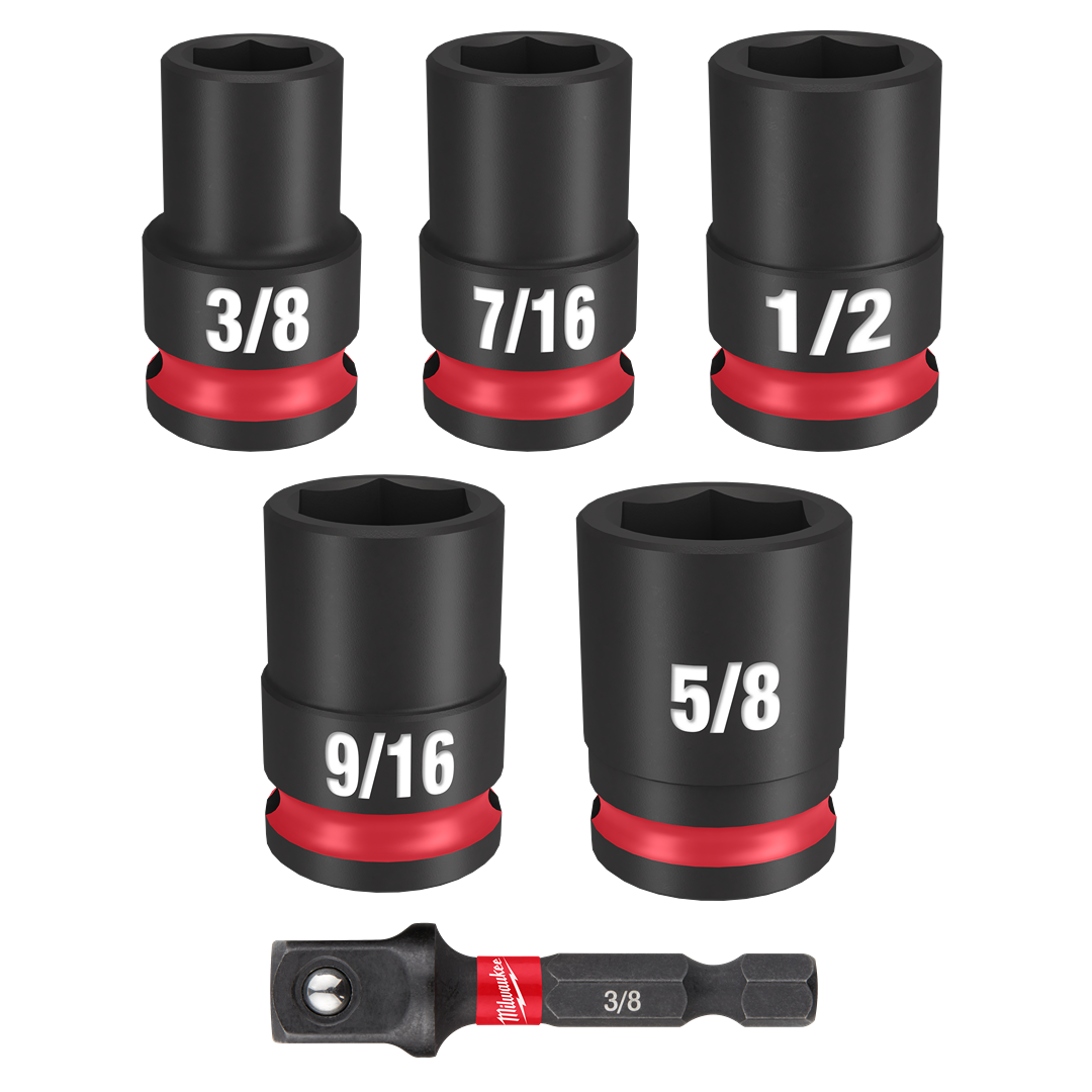 Set of five black impact-resistant SAE sockets with red rings and one 3/8" drive adapter for hand tools collections