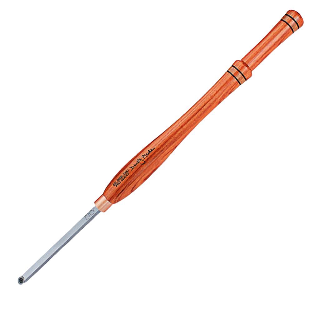 Wood-handled wood finishing tool with narrow metal tip designed for detailed woodworking applications