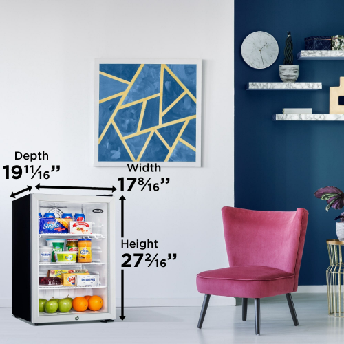 Compact commercial-rated refrigerator with glass door, adjustable shelves, and clear interior for kitchen and mini appliance use